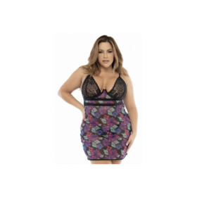 Nuisette résille et dentelle Noire, grande taille, imprimé fleur exotique 